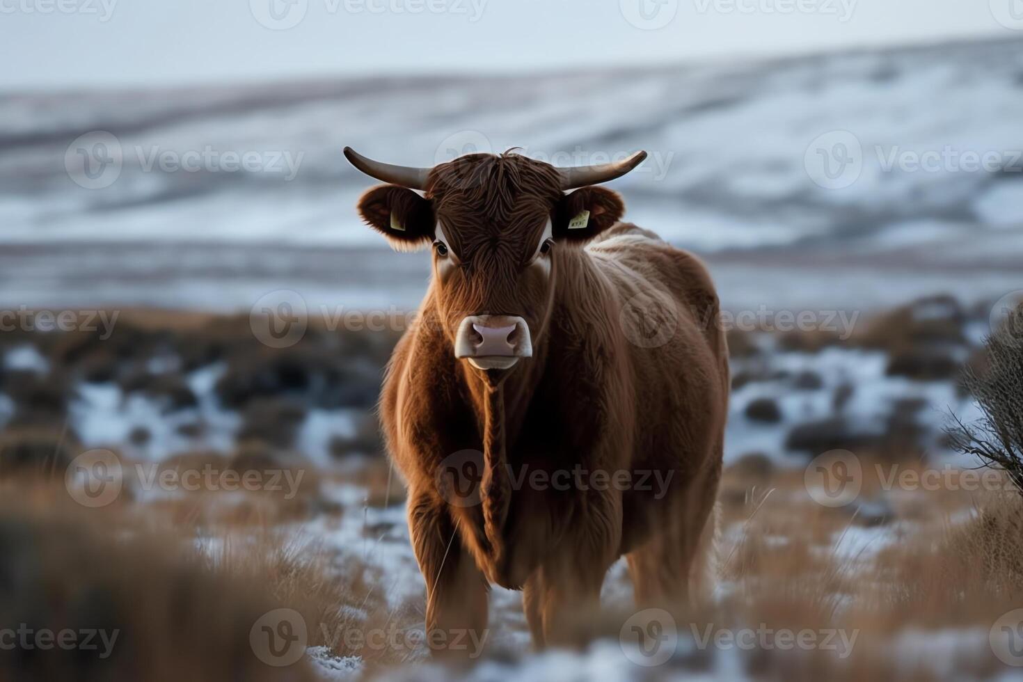 uma Castanho vaca com grandes chifres em pé dentro uma campo do neve. ai gerado foto