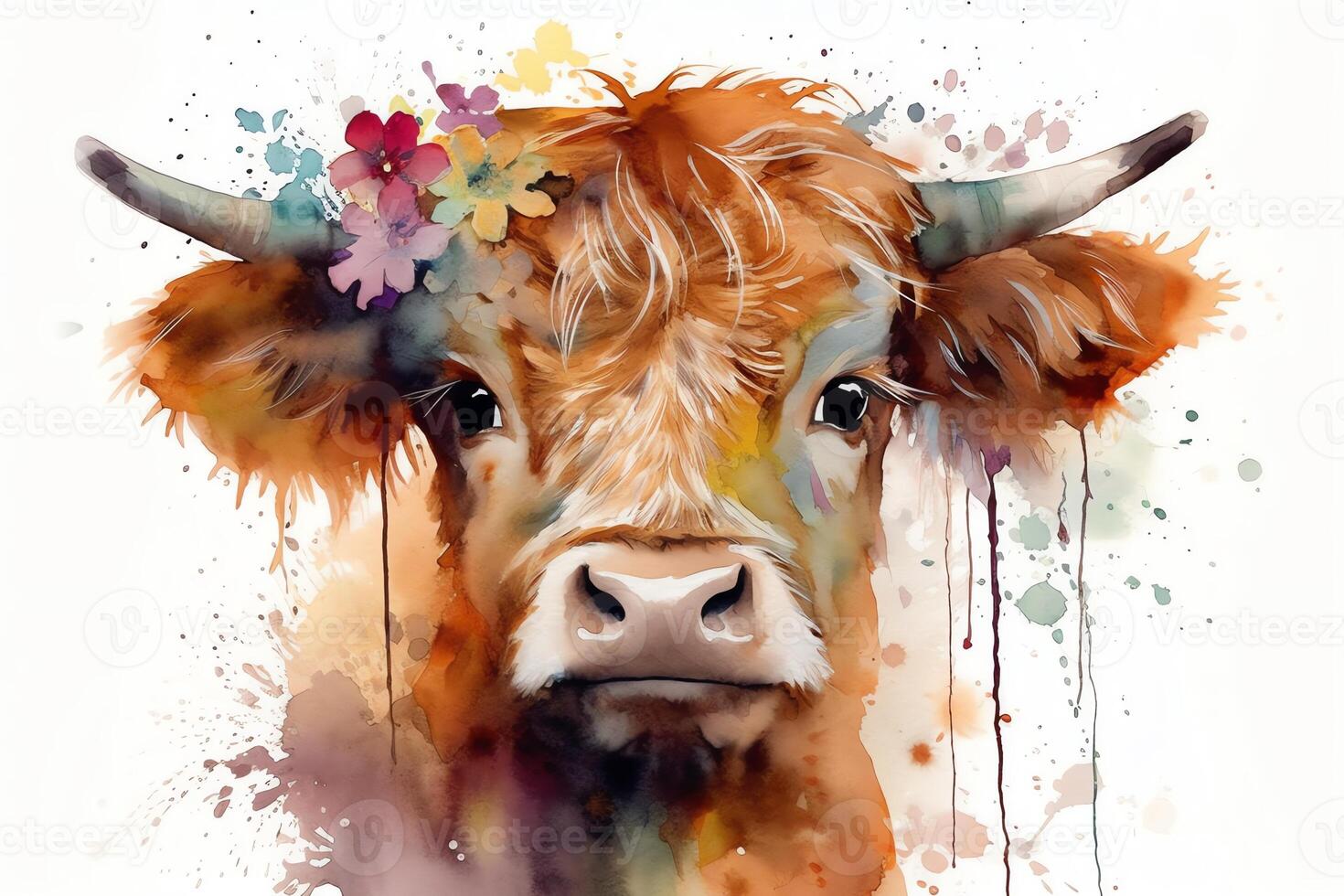 aguarela bebê animais berçário berçário decoração parede arte digital arte bebê vaca terras altas vaca. ai gerado foto