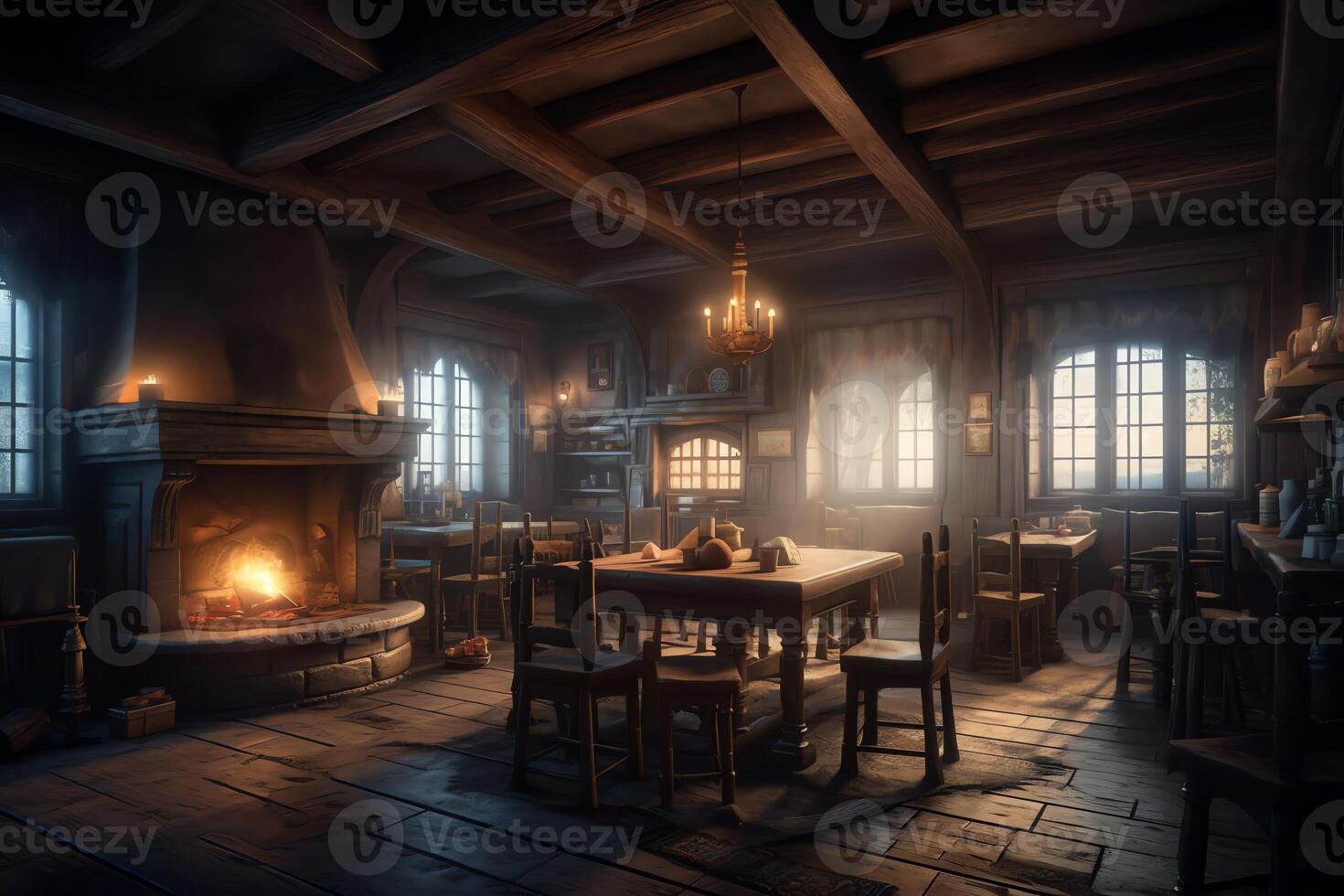 Sombrio temperamental medieval taberna Pousada interior com Comida e beber em mesas queimando aberto lareira velas e luz do dia através uma janela 3d ilustração. ai gerado foto