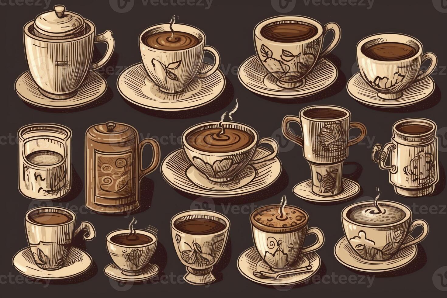 café conjunto ilustrações do vários cafés e café canecas cartão copos café com creme canecas e café jarro. ai gerado foto