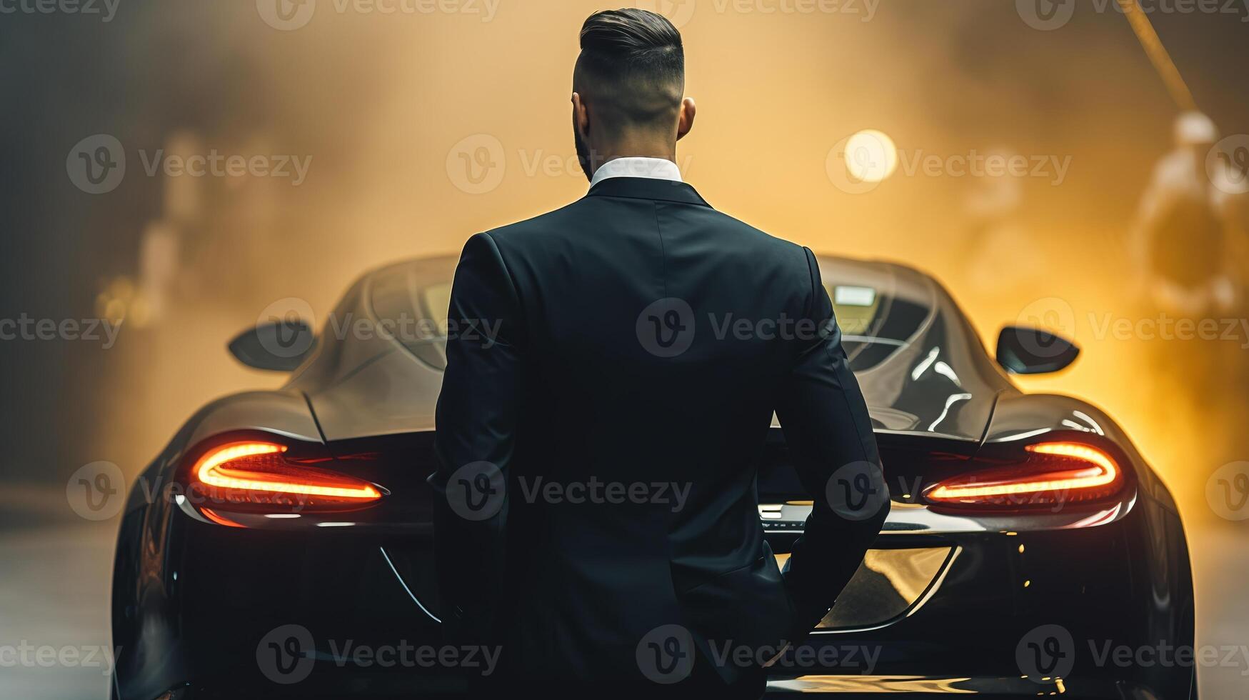 uma rico homem de negocios em pé dentro frente do uma luxuoso Super-carro. generativo ai foto