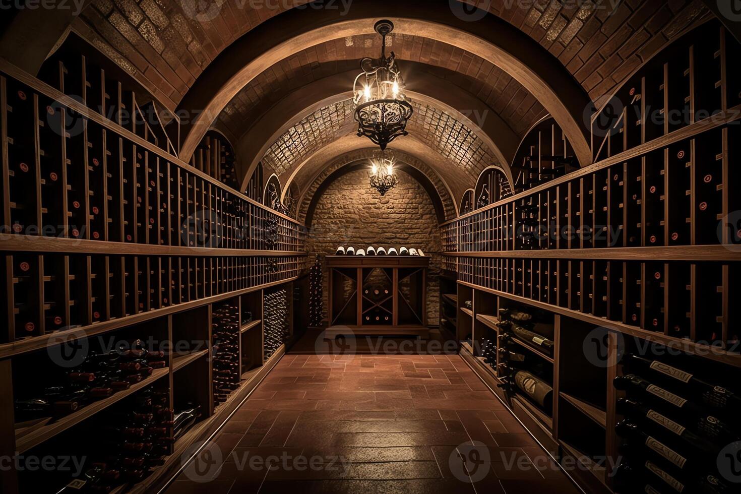 uma lindo vinho porão é preenchidas para a borda com a abundância do garrafas do vinho. ai gerado foto