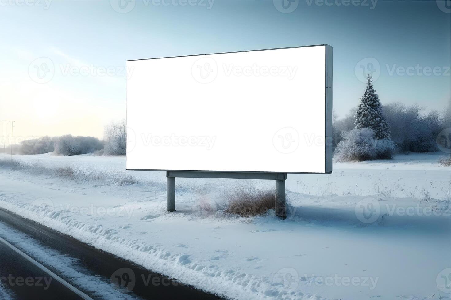 generativo ai contente, ampla em branco ao ar livre Painel publicitário modelo com branco cópia de espaço. inverno neve foto