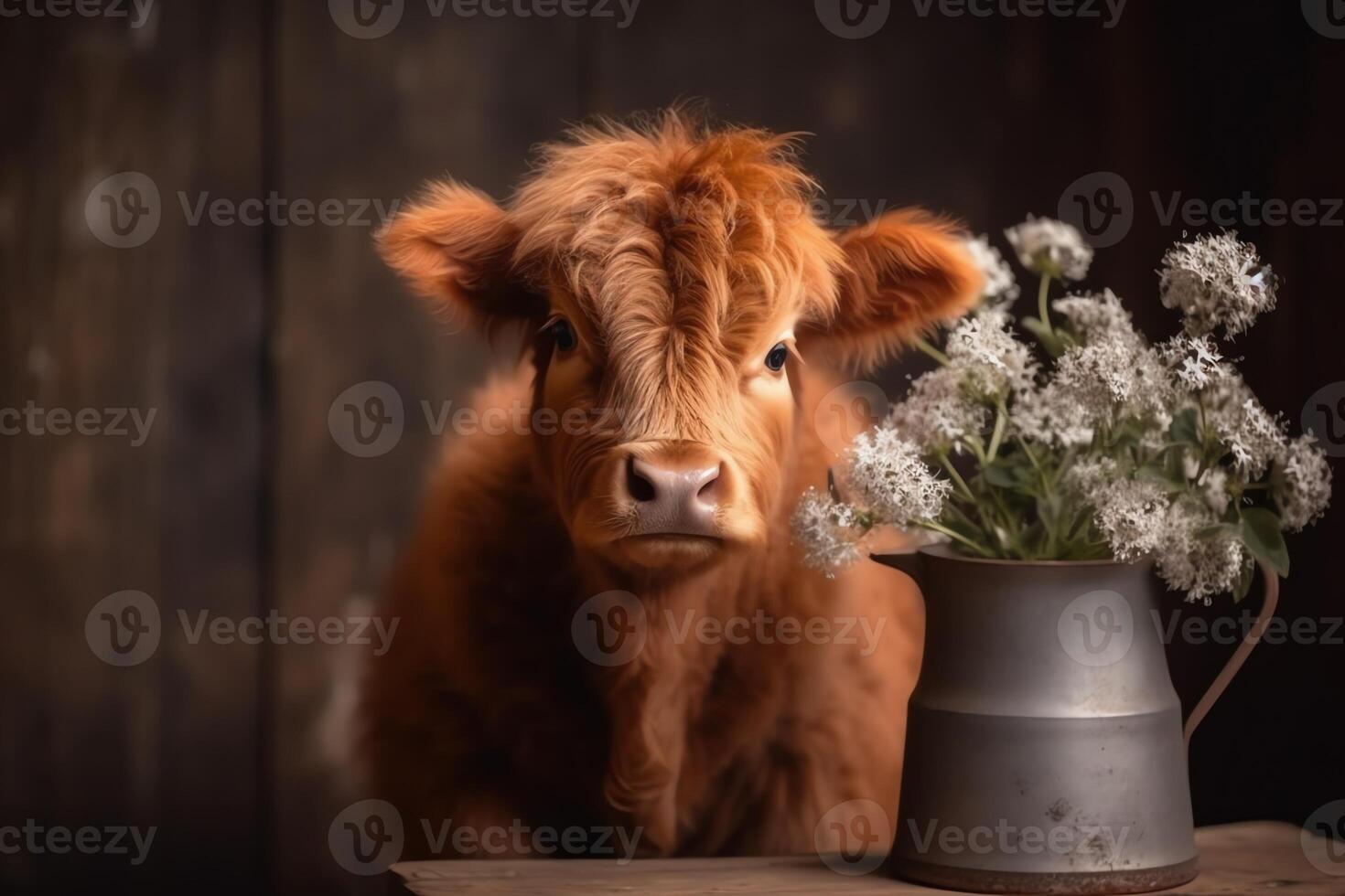 fofa bebê terras altas vaca em vaso Primavera flores ai gerado foto