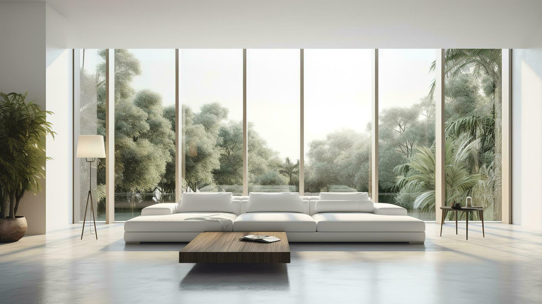 uma futurista branco mínimo interior do uma vivo sala, luxuoso interior, extra ampla sofá projeto, tropical plantas, Visão negligenciar a natural paisagem, e moderno natação piscina, gerar ai foto