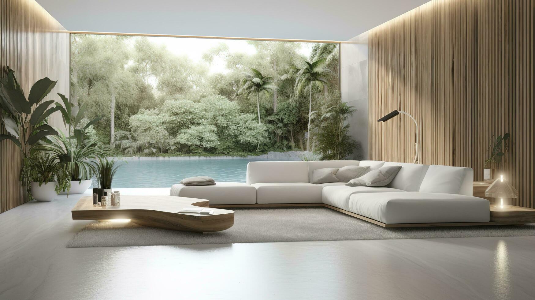 uma futurista branco mínimo interior do uma vivo sala, luxuoso interior, extra ampla sofá projeto, tropical plantas, Visão negligenciar a natural paisagem, e moderno natação piscina, gerar ai foto