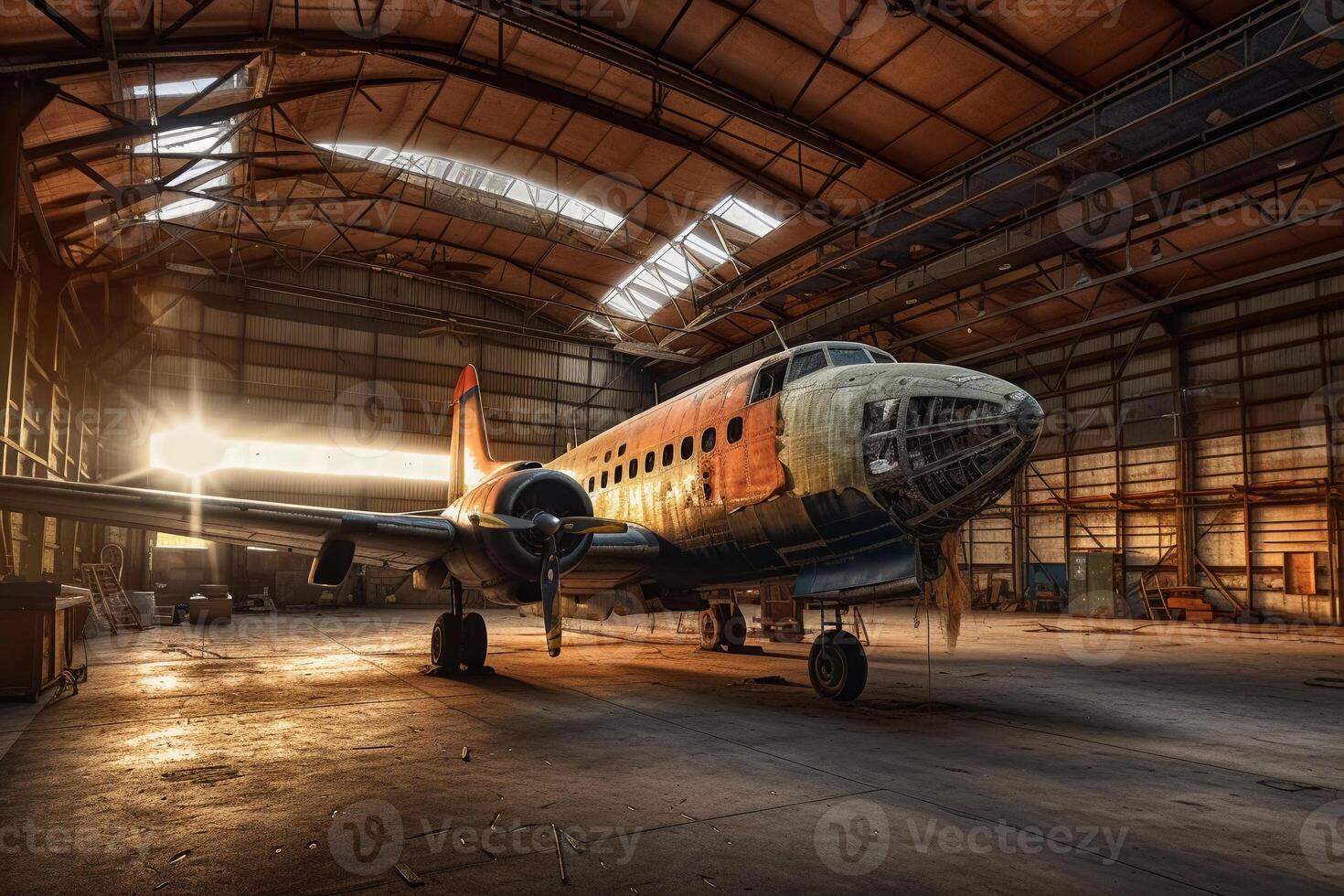 oxidado e velho aeronave dentro a hangar. aeronave reciclando. ai gerado foto