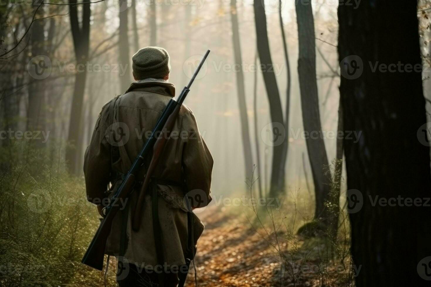 costas Visão homem caçador floresta névoa. gerar ai foto