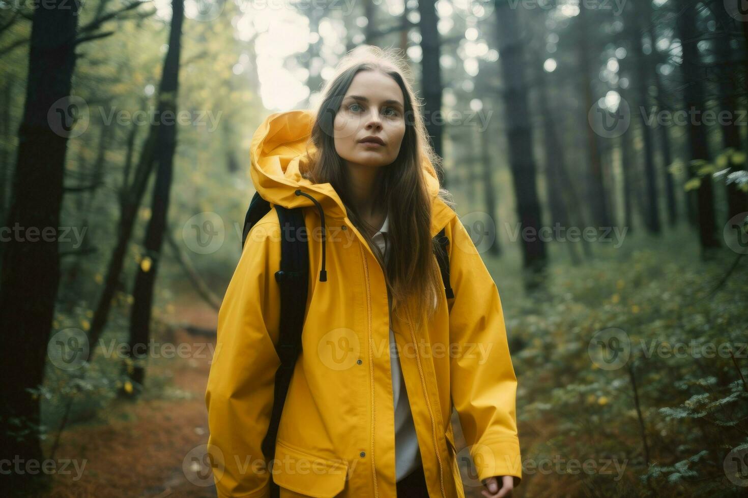 mulher amarelo casaco caminhada. gerar ai foto
