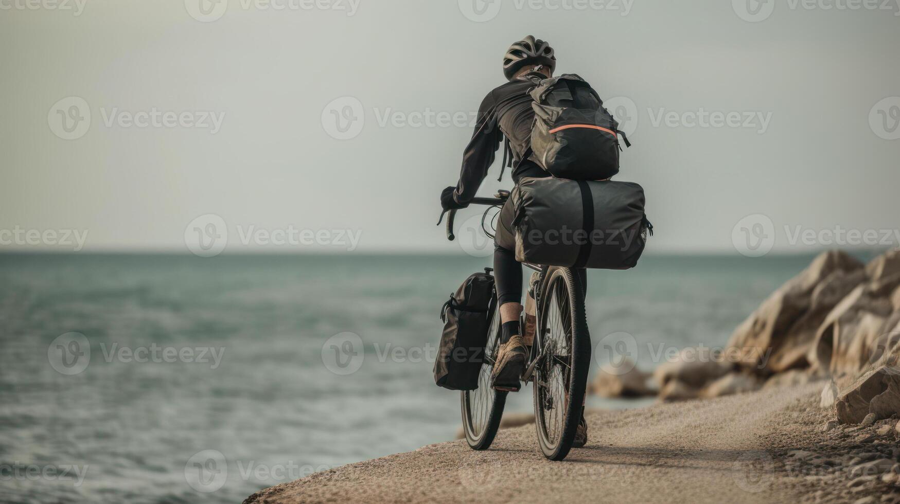 ciclismo viagem com bolsas contra a pano de fundo do a mar, verão bicicleta viagem generativo ai foto