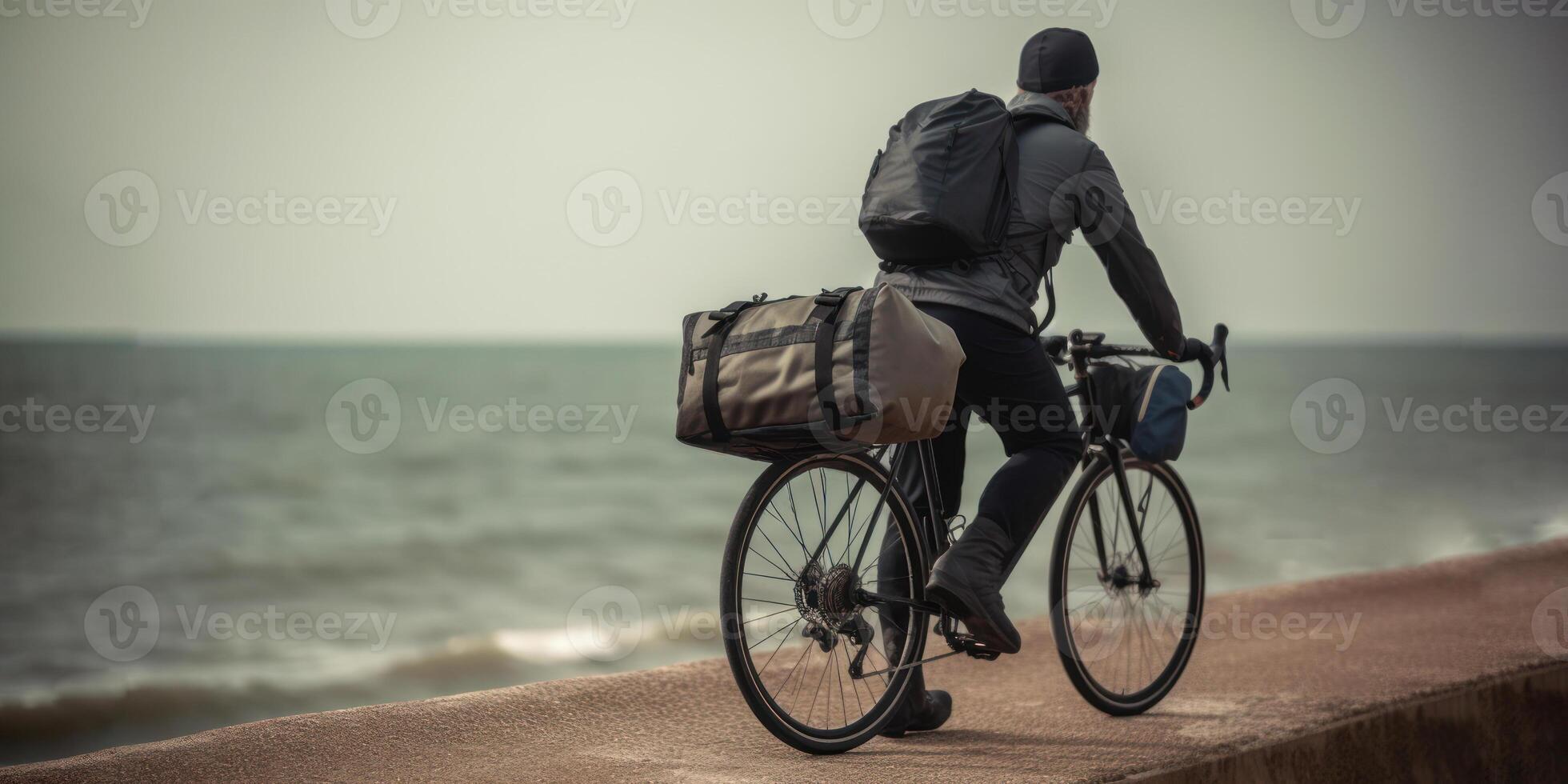 ciclismo viagem com bolsas contra a pano de fundo do a mar, verão bicicleta viagem generativo ai foto