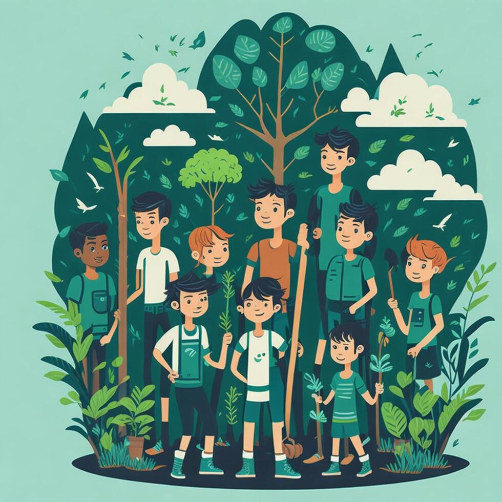 vetor ilustração mundo meio Ambiente dia meninas plantio árvores ai gerado foto