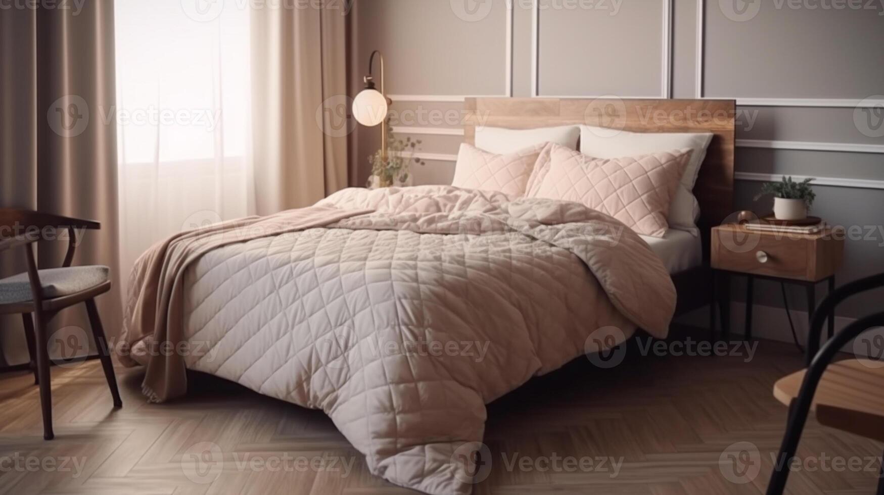 cama com vintage estilo colcha com travesseiros, de madeira vestir mesa, parquet chão. ai generativo foto