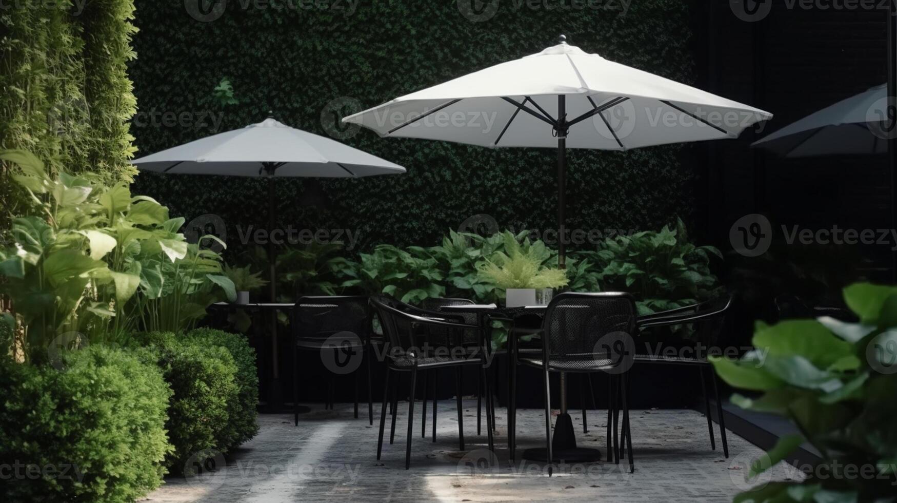 cafeteria jardim com moderno verde tropical plantas, volta vidro café mesa com guarda-chuva. ai gerado foto