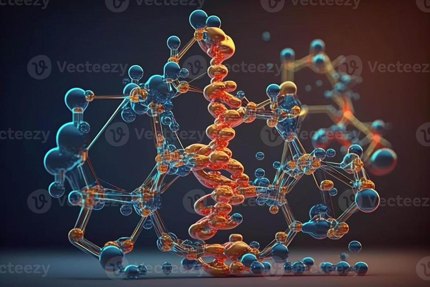 3d Renderização do uma dna molécula modelo, Ciência fundo com moléculas e átomos dentro laboratório, médico Ciência e biotecnologia. ai generativo foto