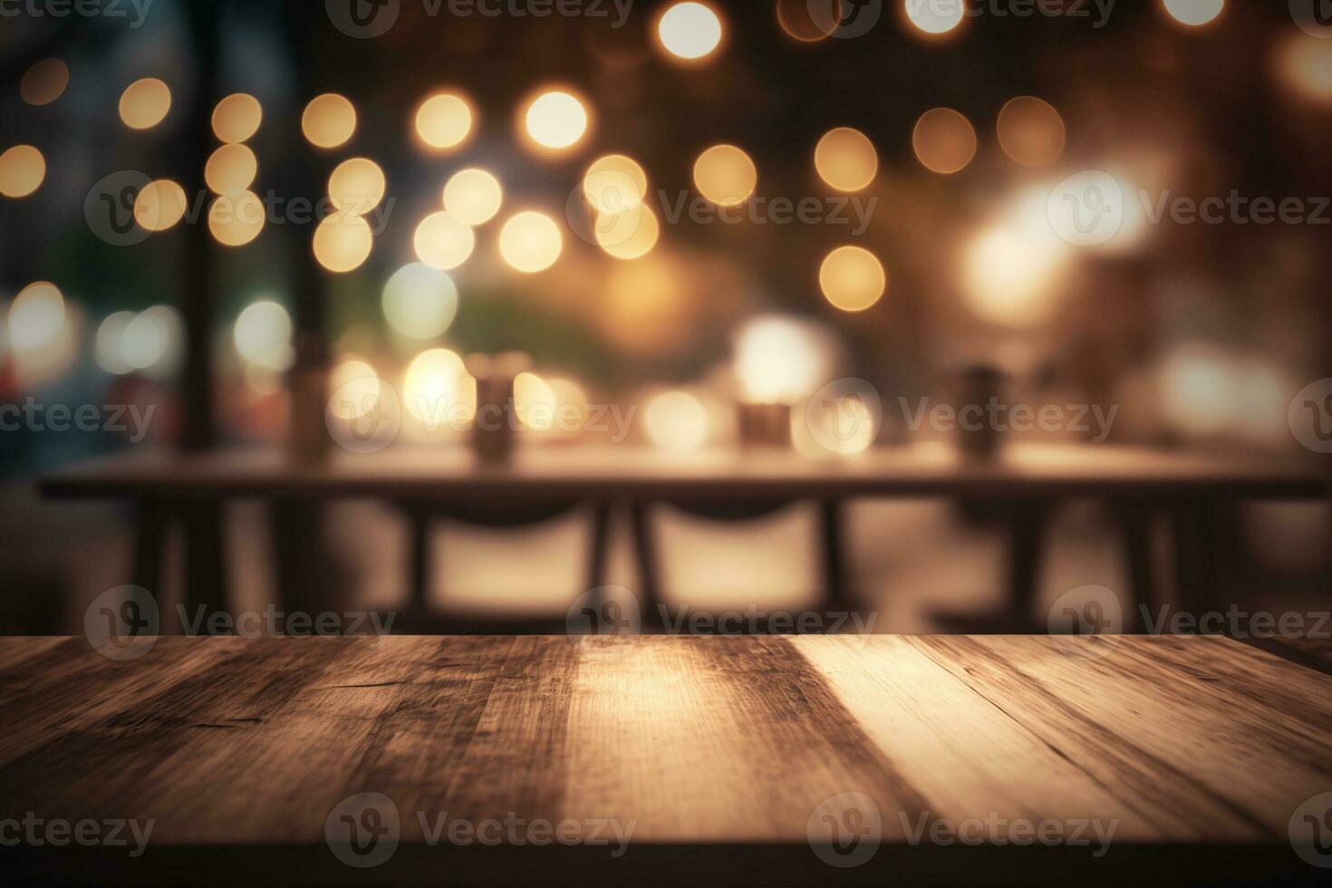 esvaziar madeira mesa e borrado bokeh cafeteria luz fundo ai gerado foto