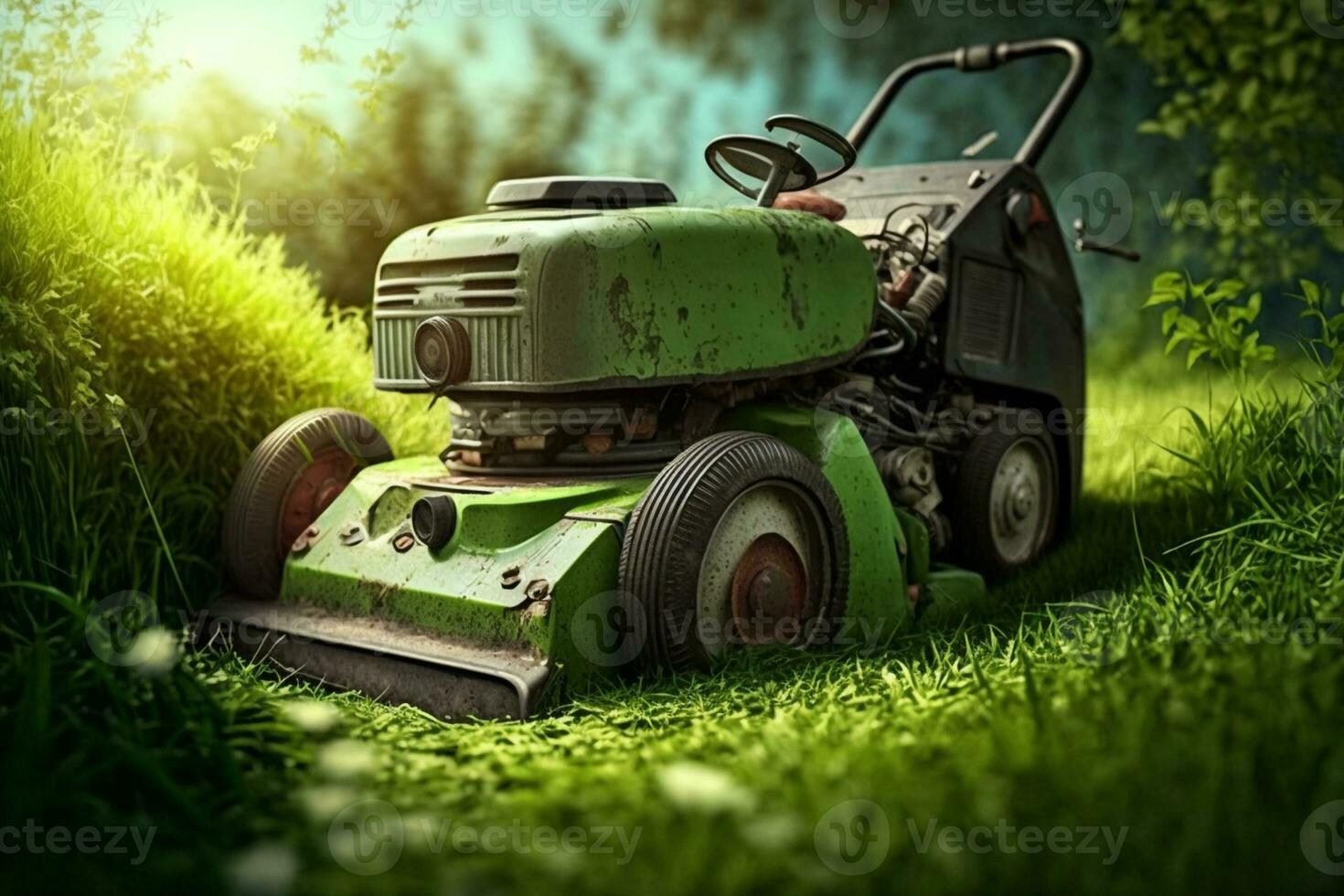 gramado cortador de grama removendo verde Relva dentro quintal, roçada gramado ai gerado foto