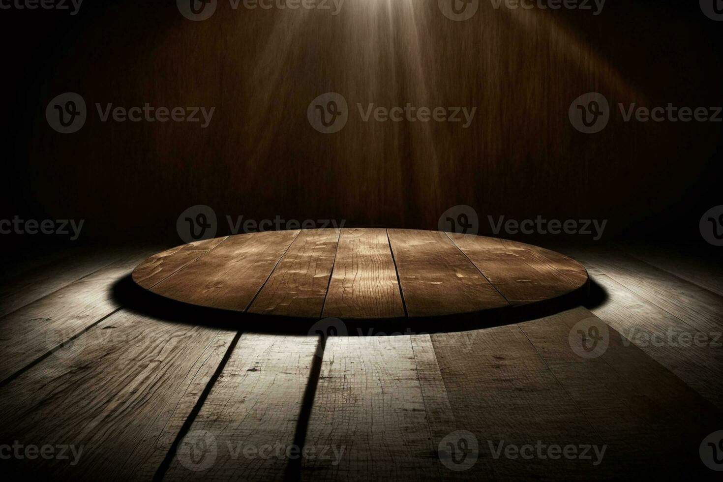 de madeira esvaziar mesa avermelhado Castanho rústico madeira com Holofote ai gerado foto
