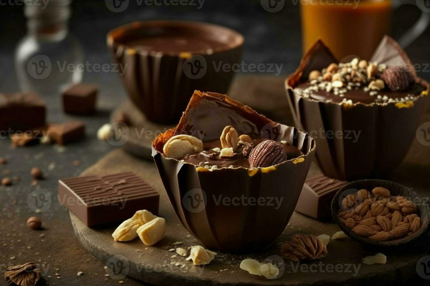 chocolate copos com salgado caramelo e nozes ai gerado foto