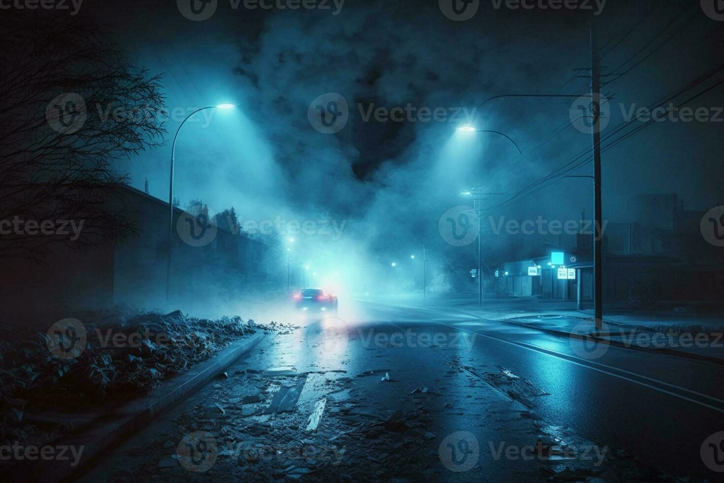 asfalto azul Sombrio rua com fumaça. raios, holofotes néon luz ai gerado foto