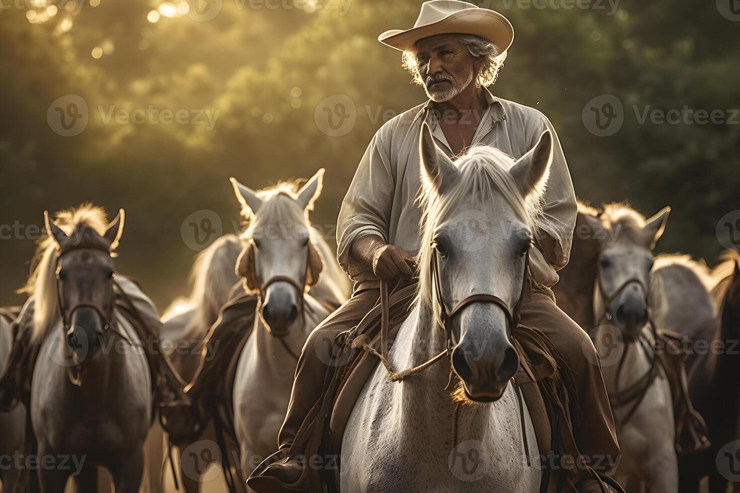 retrato Senior homem dentro vaqueiro chapéu a cavalo equitação em montanha trilha. neural rede ai gerado foto