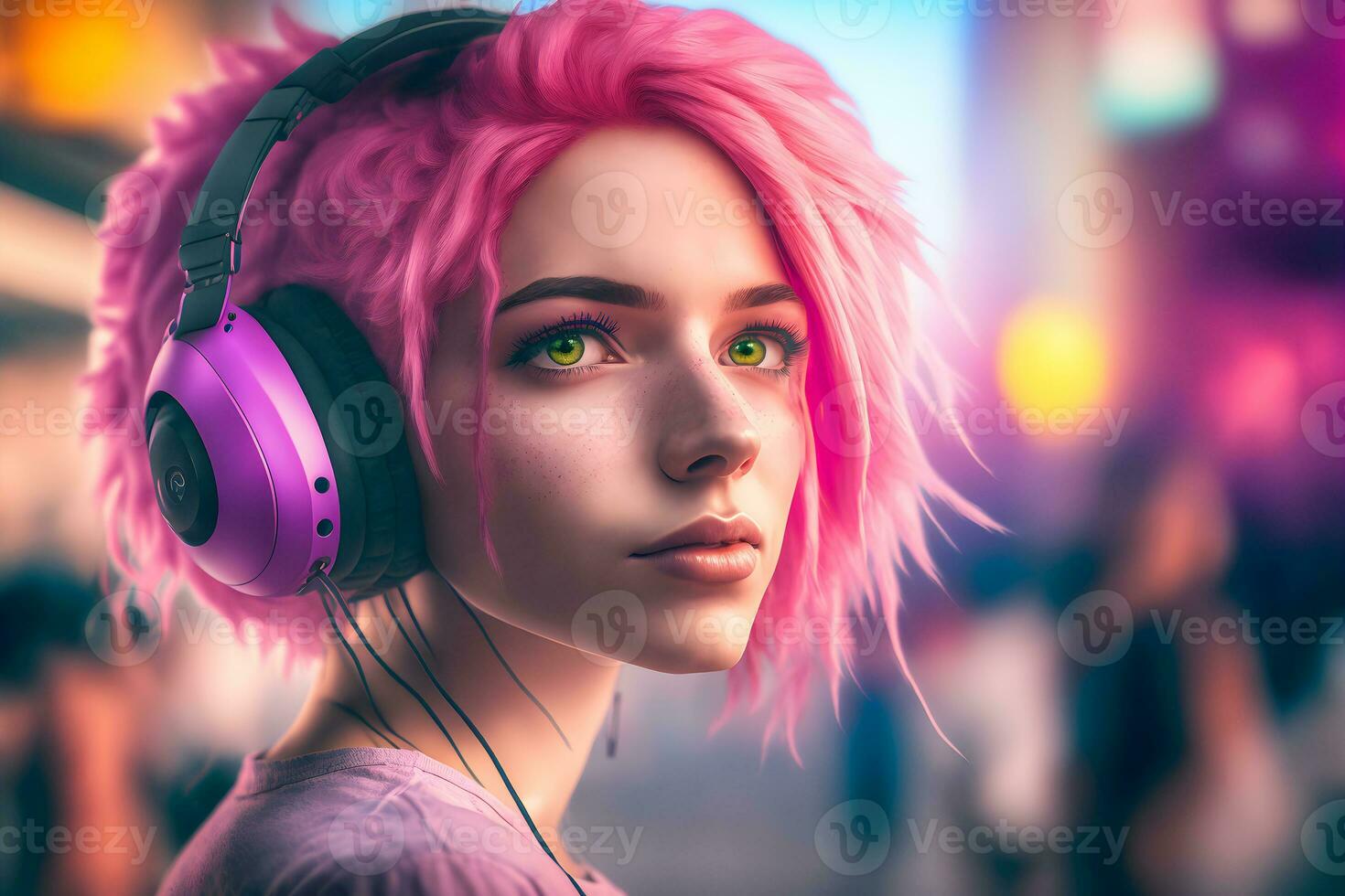 retrato do jovem menina com Rosa cabelo ouvindo música com fones de ouvido em cidade rua. neural rede gerado arte foto