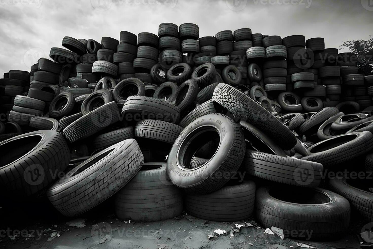 grande pilha do usava velho carro pneus para reciclando. neural rede gerado arte foto