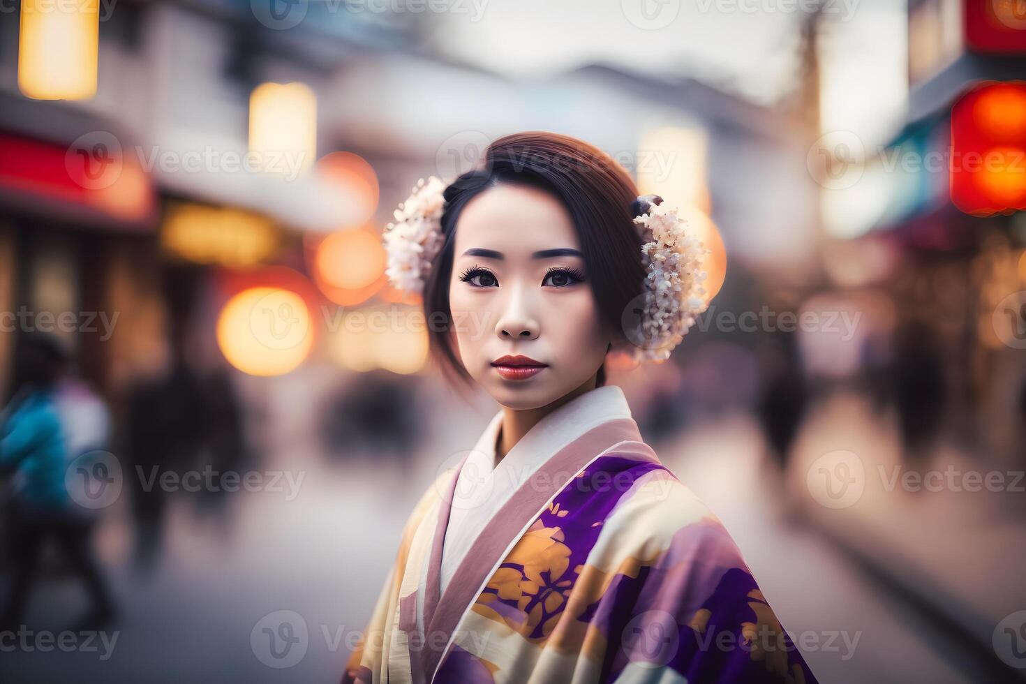 retrato do uma japonês mulher dentro nacional roupas. neural rede ai gerado foto