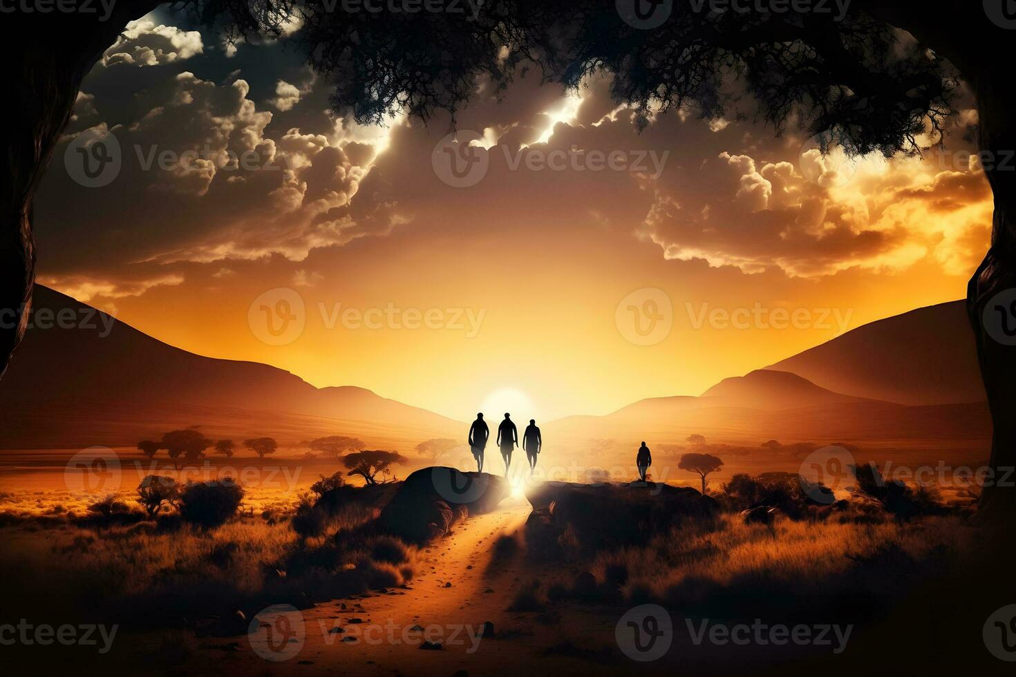 uma grupo do pessoas caminhando para dentro a pôr do sol. lindo panorama. neural rede gerado arte foto