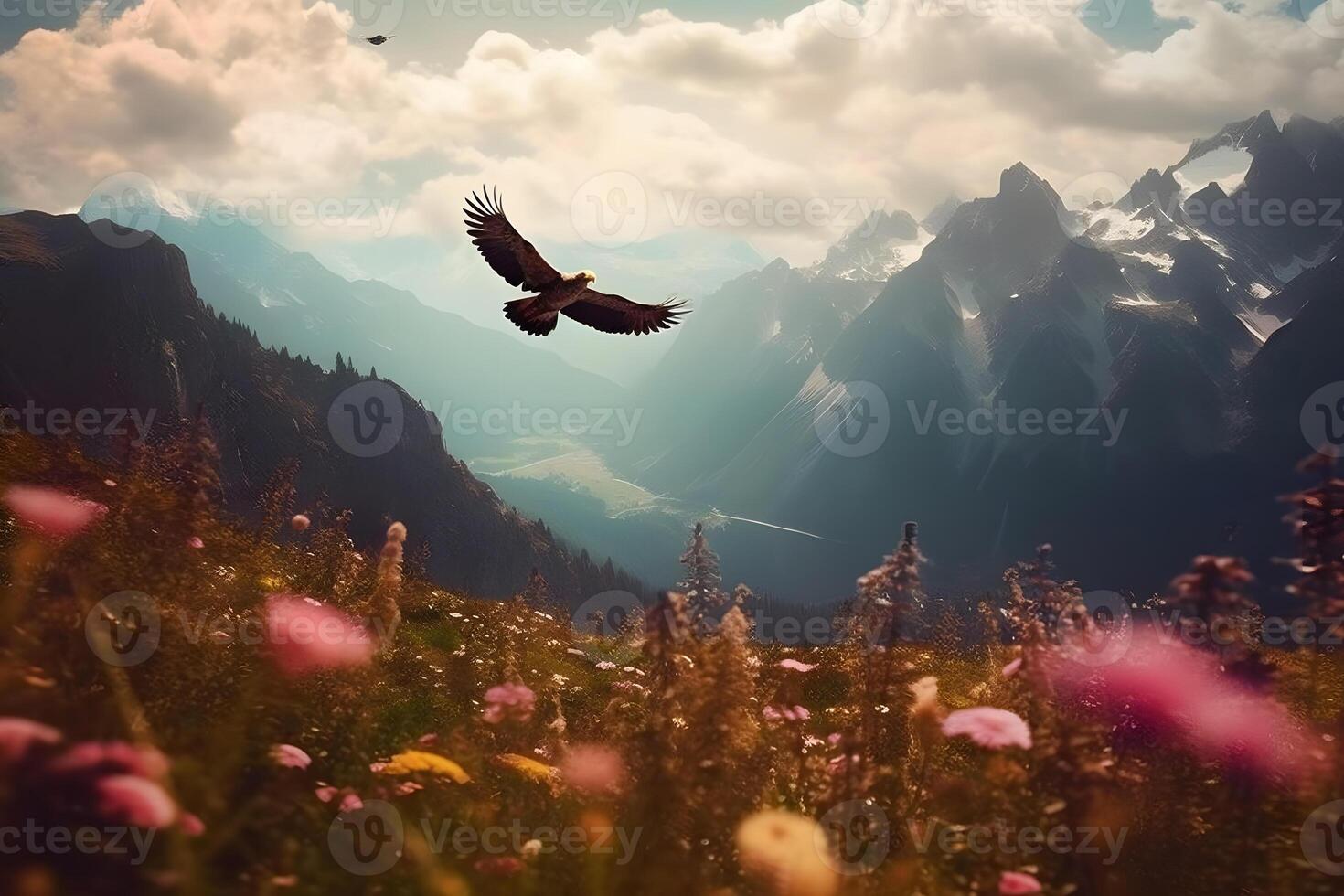 Careca Águia vôo e planador lentamente e majestoso em a céu sobre Alto montanhas. conceito do animais selvagens e puro natureza. neural rede ai gerado foto