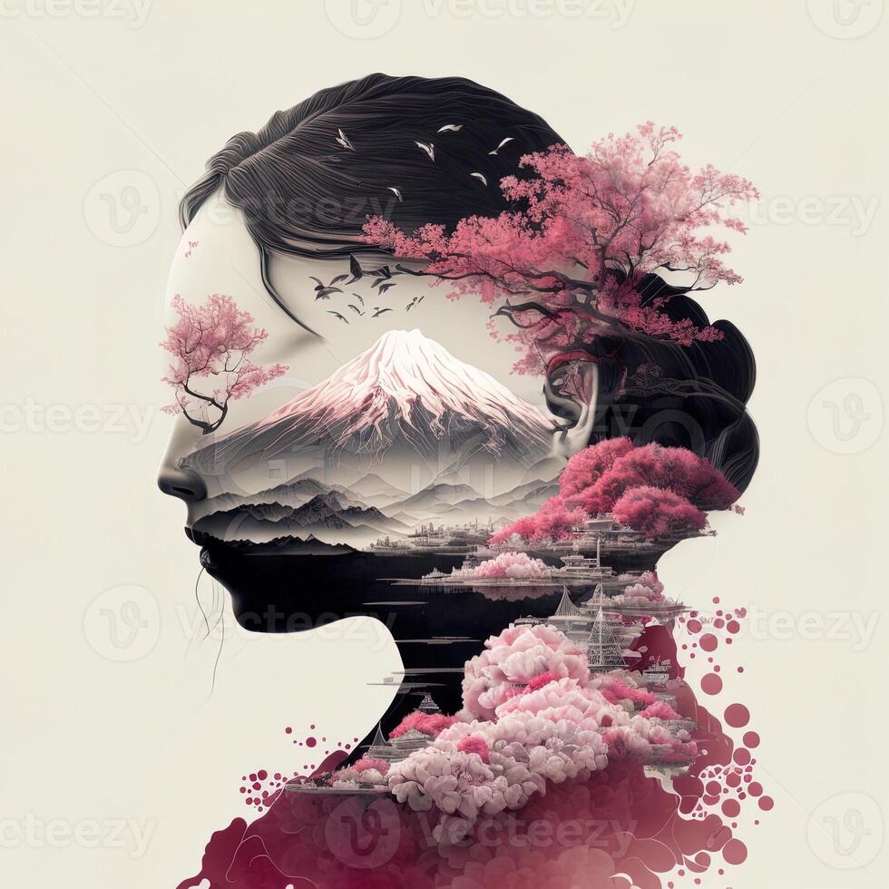 generativo ai Duplo exposição do uma linda gueixa e montar Fuji com pêssego flor e rio. lindo face do ásia mulher em branco fundo, imagem combinado com natureza, verde montanhas panorama foto