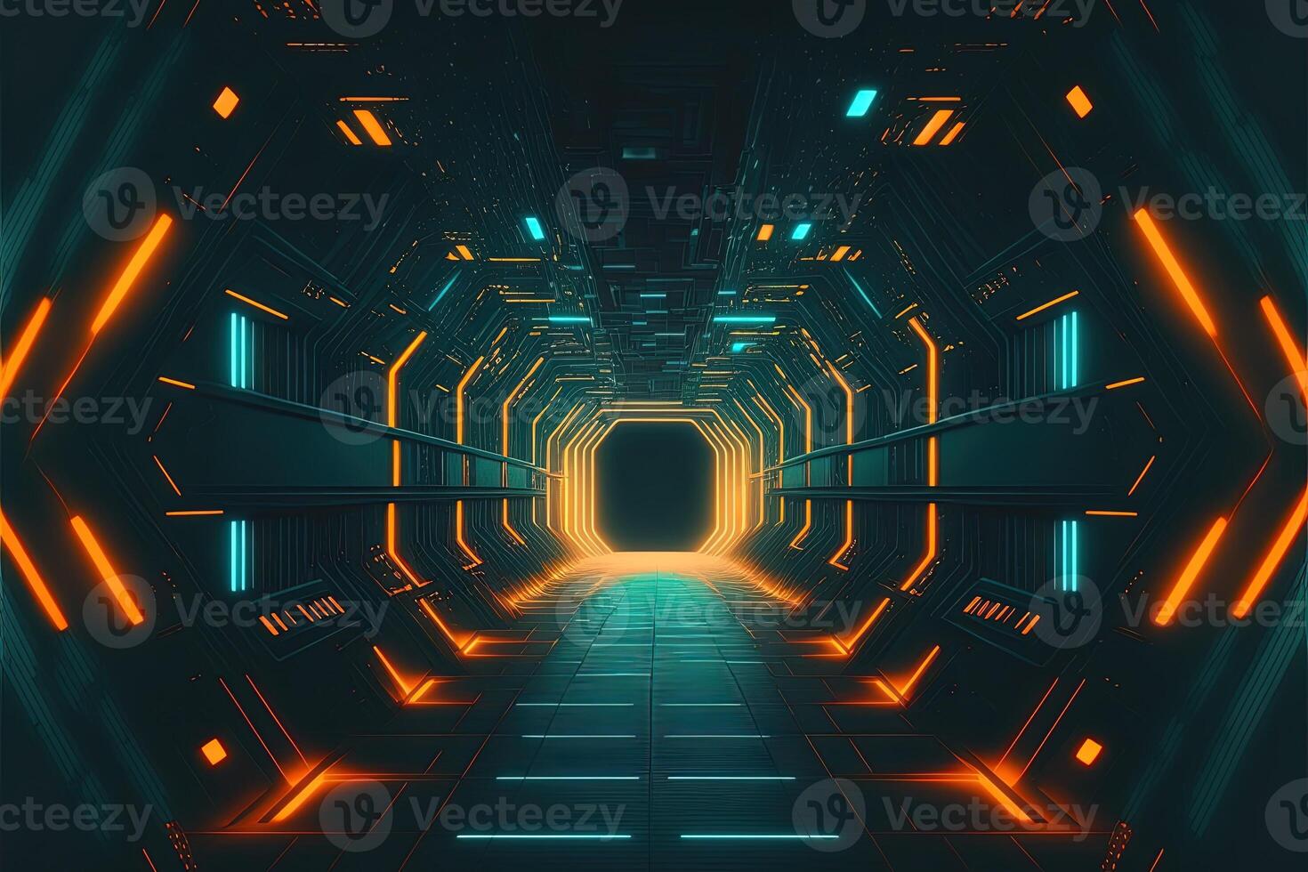 ficção científica cyber futurista esvaziar generativo ai túnel fundo Saída ou objetivo à frente. abstrato cyber ou digital estrada conceito cyberpunk cyber sintetizador túnel corredor foto