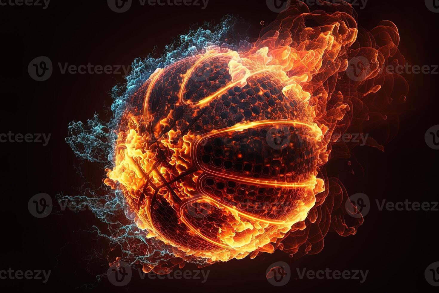 generativo ai do uma brilhando bola queimando em fogo dentro laranja chamas, dando fora calor e fumaça para competitivo basquetebol uma visual representação do a loucura e excitação do a jogos foto