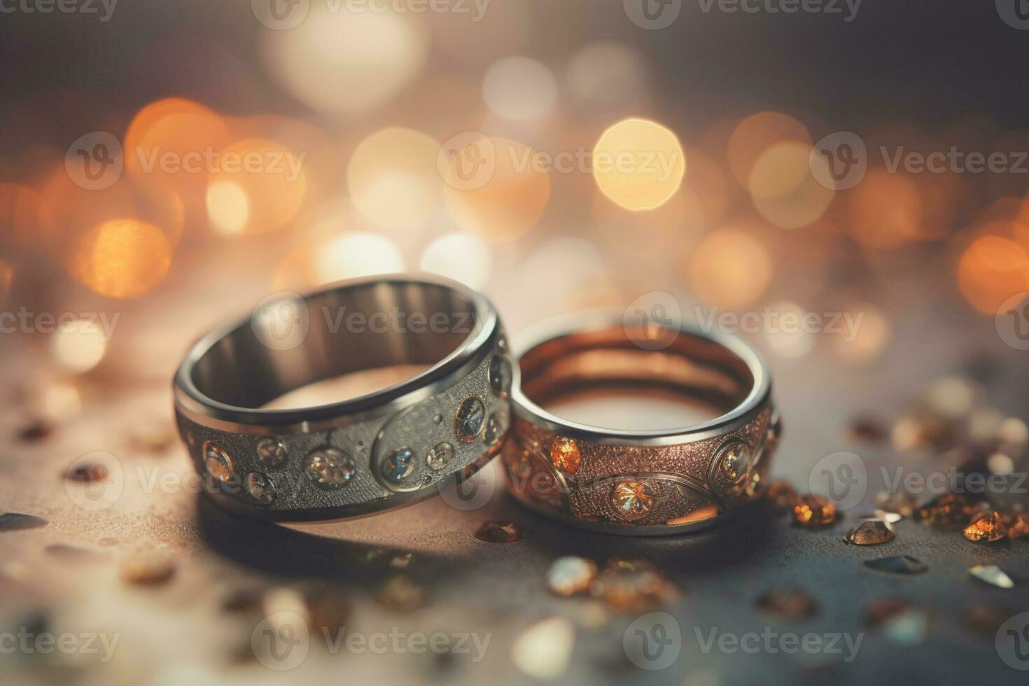 Casamento argolas com prata e ouro em bokeh fundo dentro a estilo do brilhar e diamante pó. fechar-se foto com cópia de espaço para texto