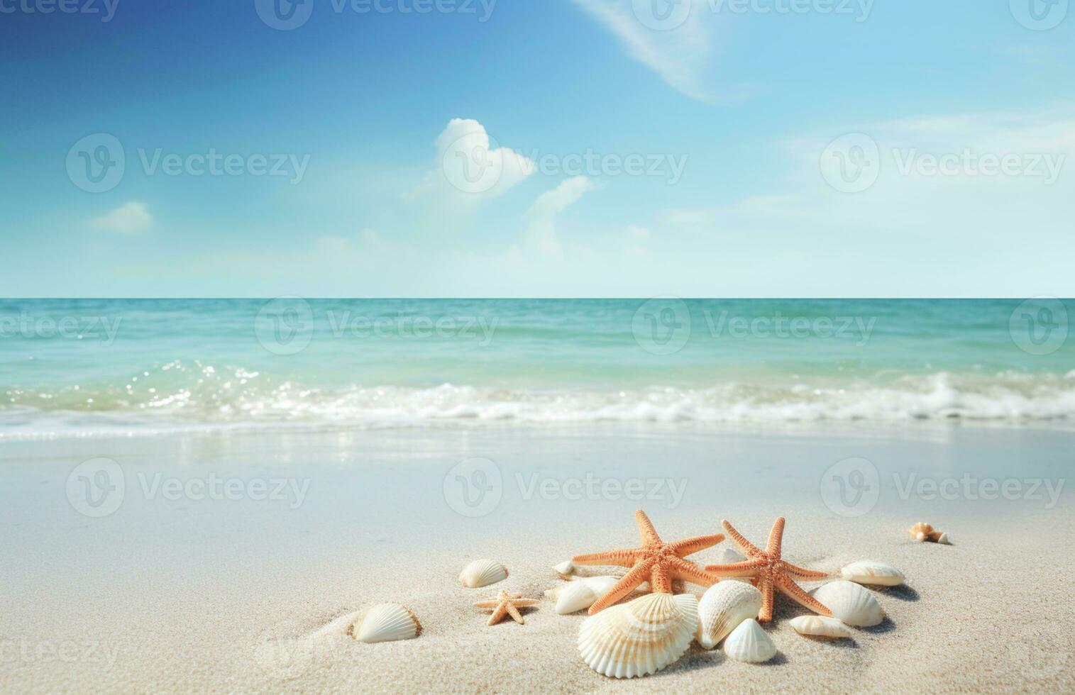 conchas do mar e estrelas do mar em a lindo tropical de praia e mar com azul céu fundo. verão período de férias conceito foto
