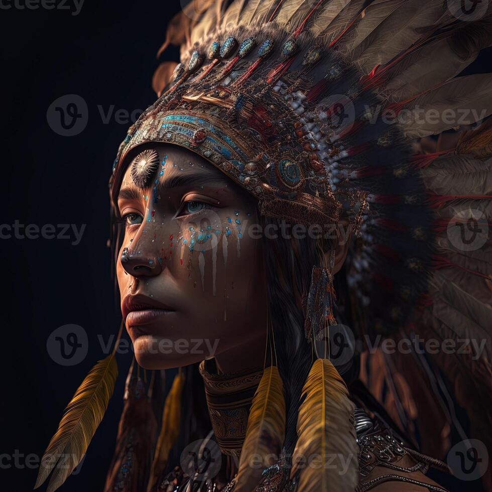 generativo ai nativo americano mulher dentro cerimonial cabeça vestir, reflexão do a silhueta do tribal ancestrais dentro dela olhos. fechar acima do colorida vestido nativo mulher isolado em Preto fundo. foto