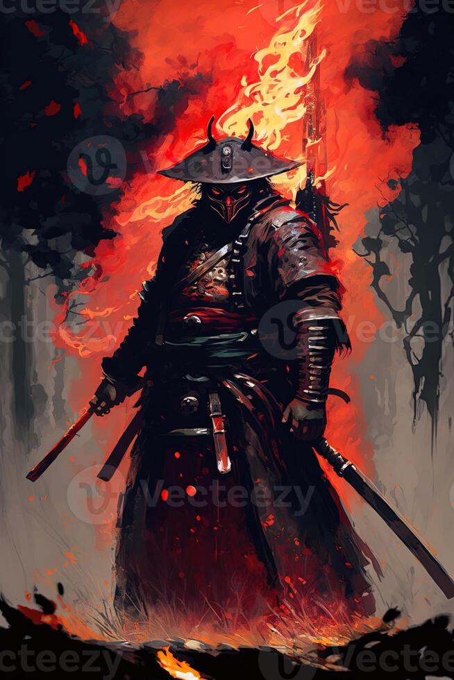 uma samurai dentro uma demoníaco vermelho mascarar em a campo de batalha faz uma balanço com uma Katana criando uma chiando fogo anel em volta, ele é uma místico marcial. ilustração pintura ai generativo foto