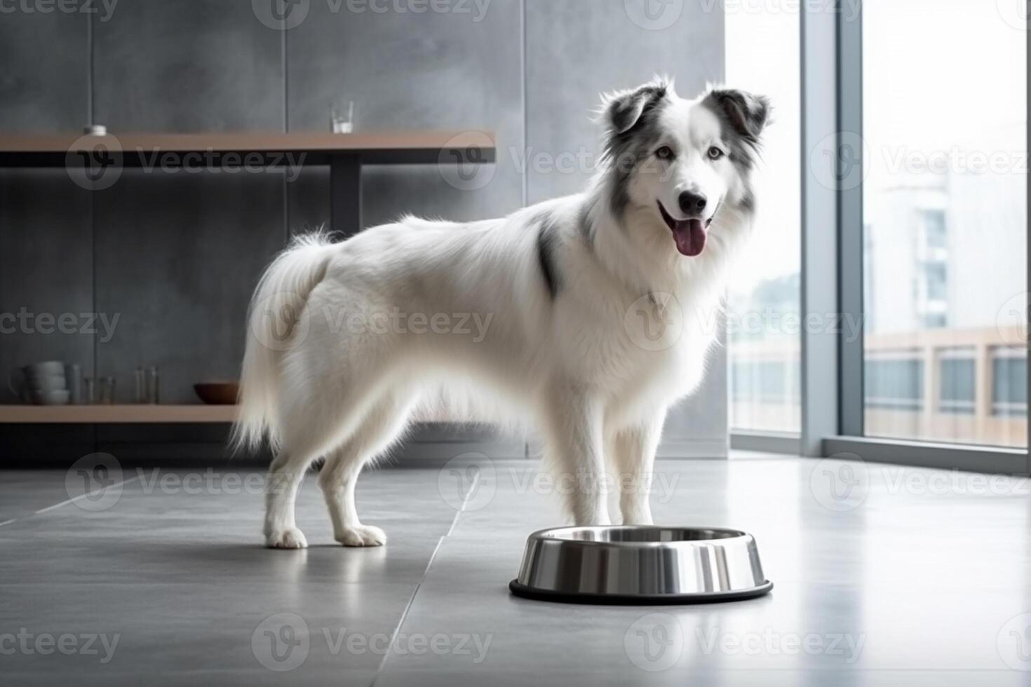 fofa fronteira collie cachorro em pé Próximo para a Comida tigela às casa cozinha, ai gerado foto