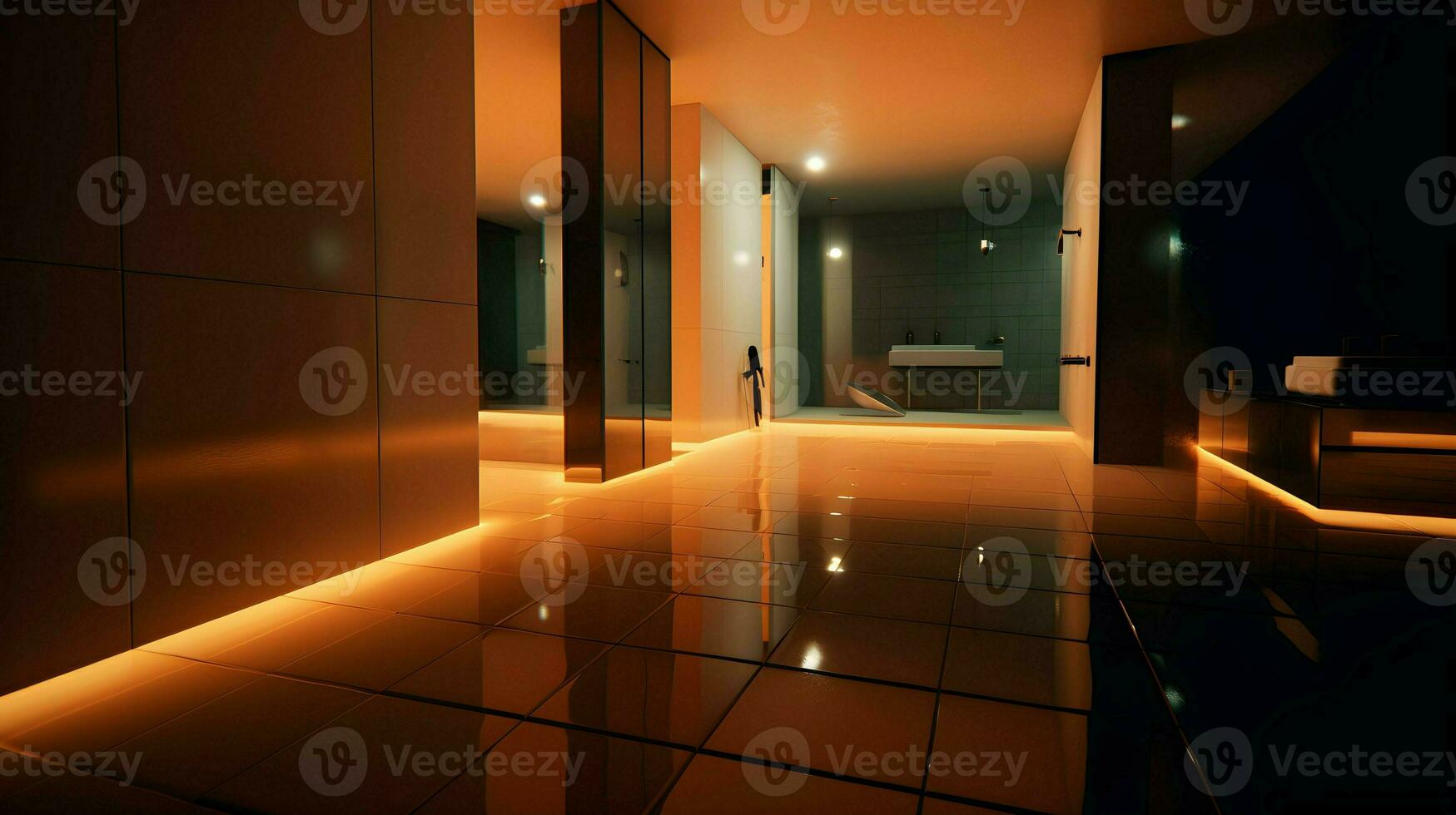 3d render do luxuoso hotel cena com brilhando reflexivo chão iluminação foto