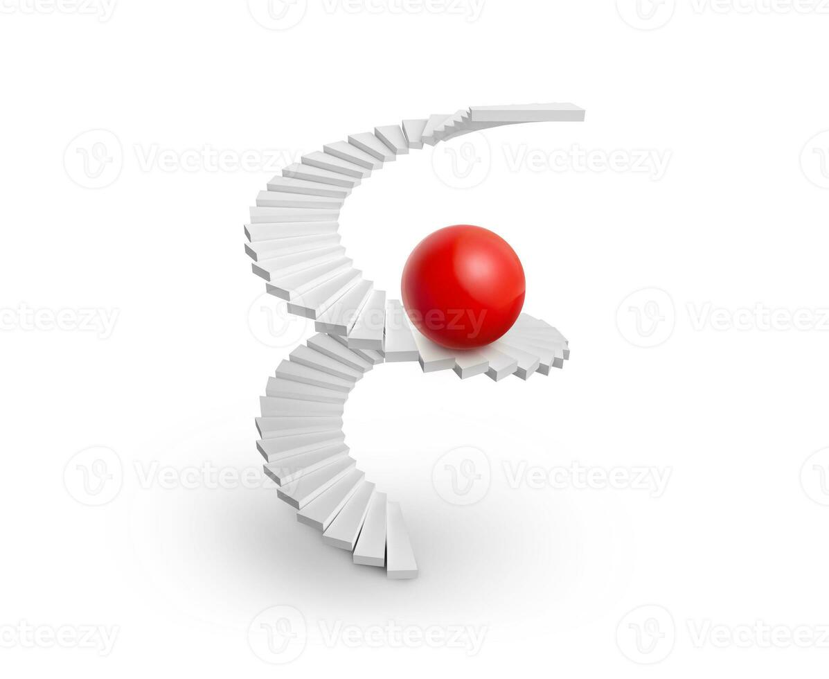 espiral Escadaria e vermelho esfera em branco fundo foto