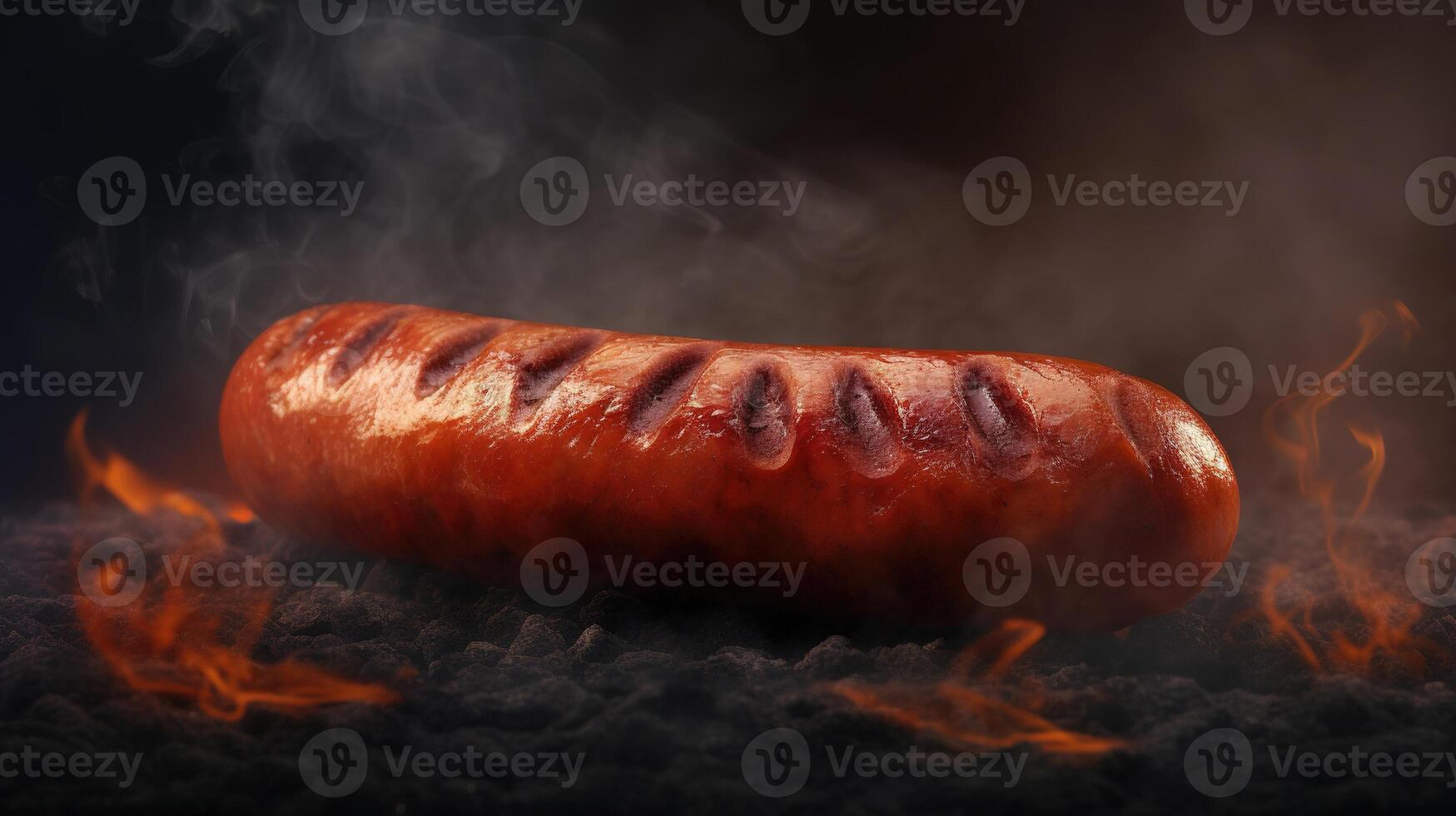 suculento grelhado linguiça em uma Sombrio fundo, esfumaçado sabor e de dar água na boca aroma. perfeito para qualquer churrasco poster. generativo ai foto