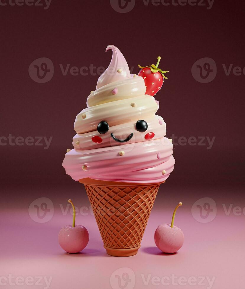 3d velozes Comida renderizar. personagem gelo creme cone dentro Rosa doce cores. foto