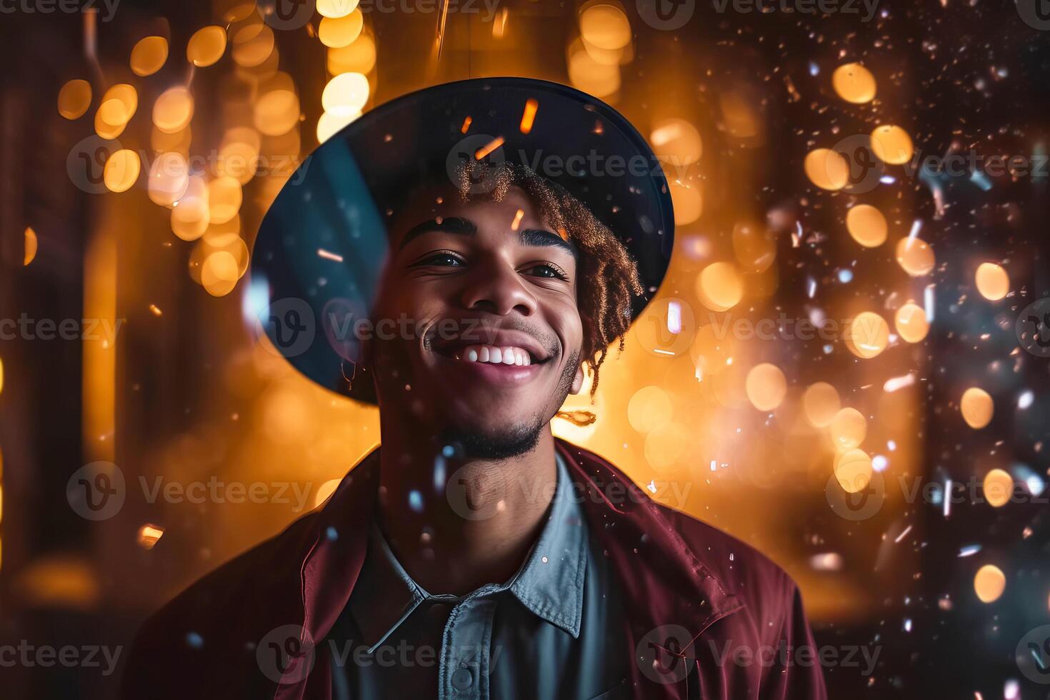 retrato do Preto americano jovem homem vestindo uma graduação boné dançando às a Festa. festivo bokeh fundo. generativo ai ilustração foto