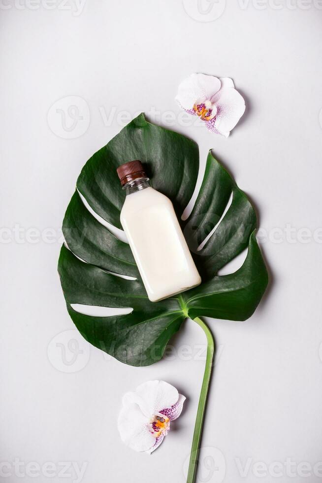 coco óleo e tropical folhas e flores cabelo Cuidado spa conceito foto