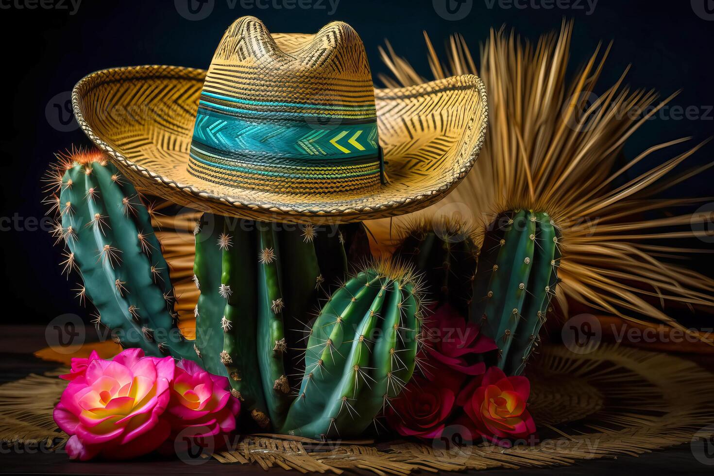 cinco de maionese feriado fundo. mexicano florescendo cacto e festa sombrero chapéu. generativo ai ilustração foto