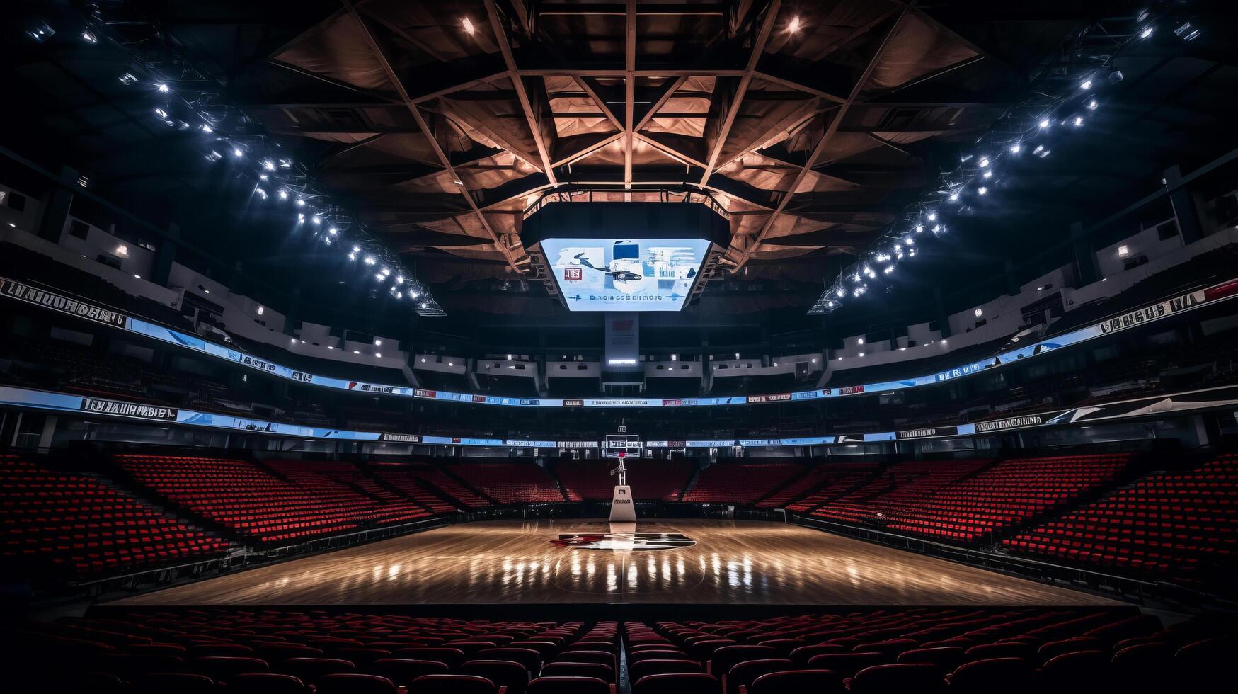 iluminado basquetebol estádio. ilustração ai generativo foto