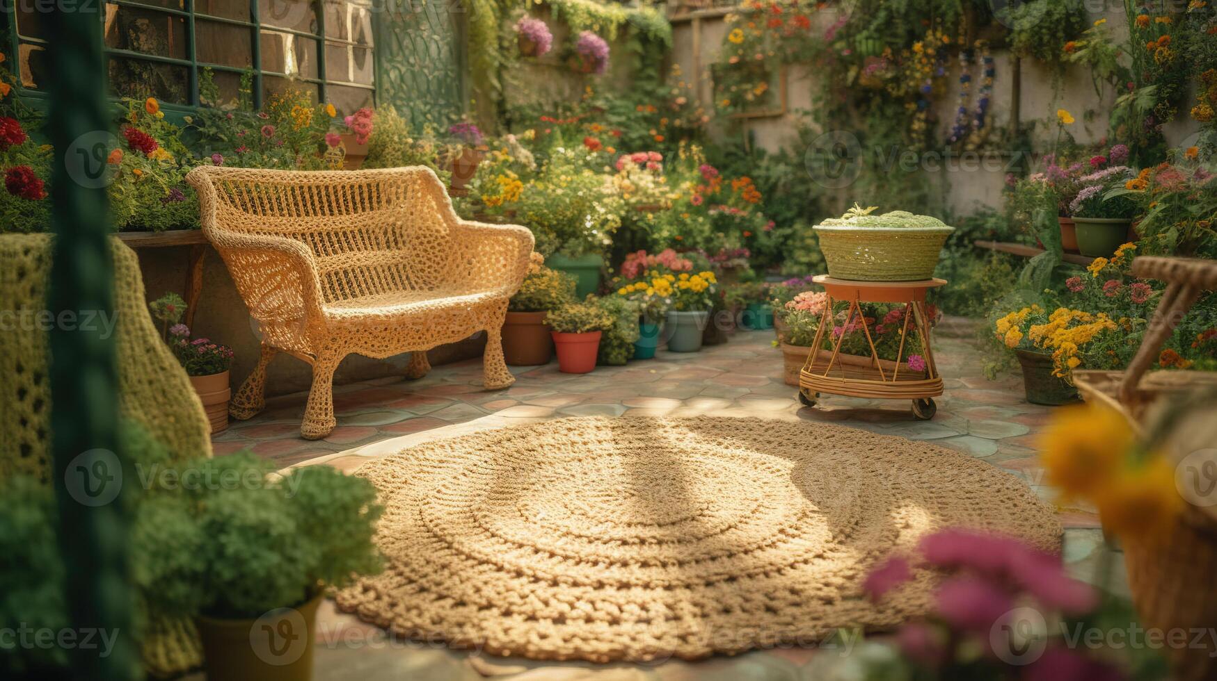 generativo ai, fofa jardim fez do crochê, plantas, árvores, flores suave cores, sonhadores cena panorama fez do crochê materiais, lã, tecido, fio, de costura para fundo foto