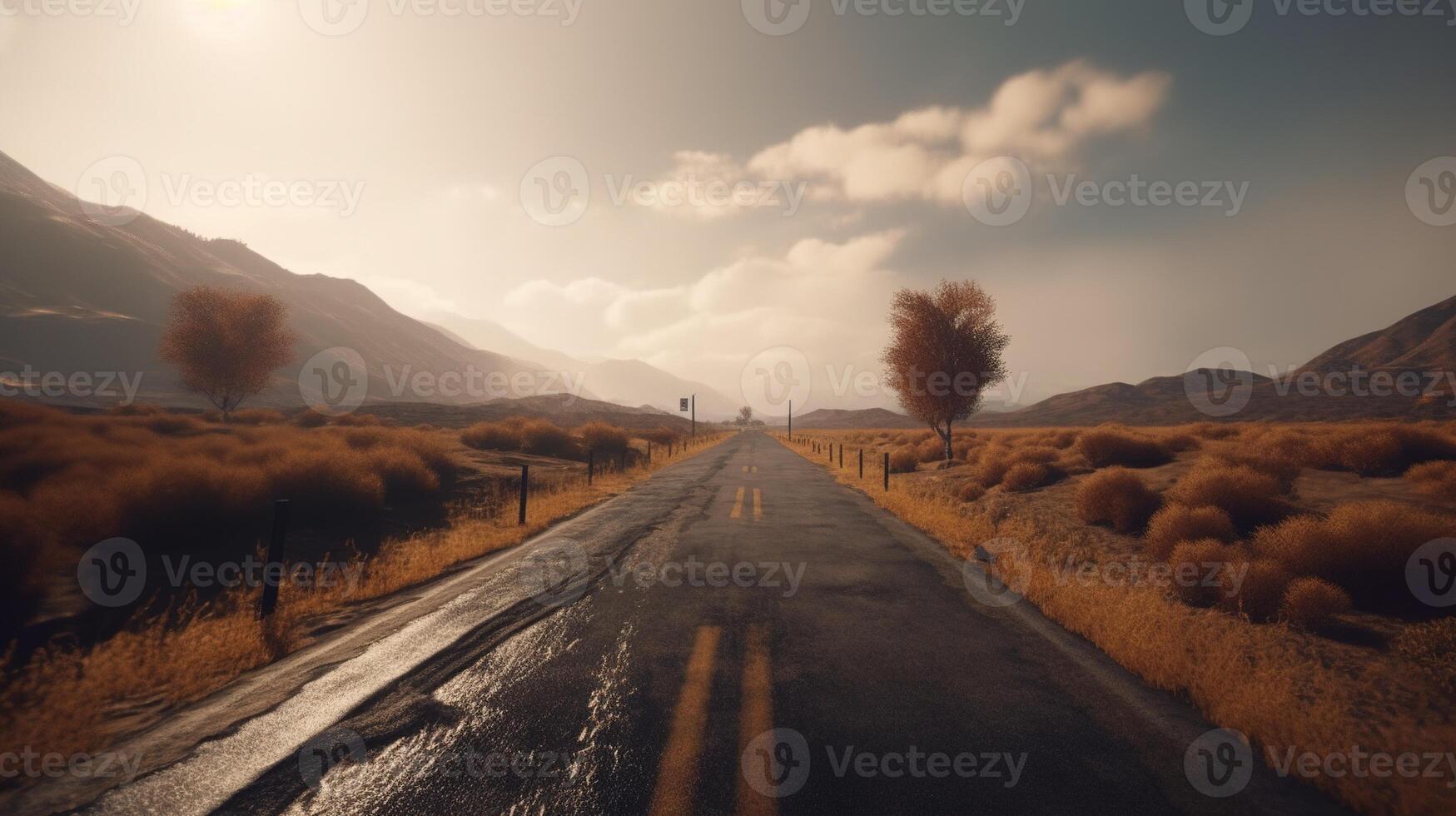 generativo ai, paisagem, solitário estrada, montanhas, país lado. fotorrealista horizontal ilustração, asfalto estrada, região selvagem área foto