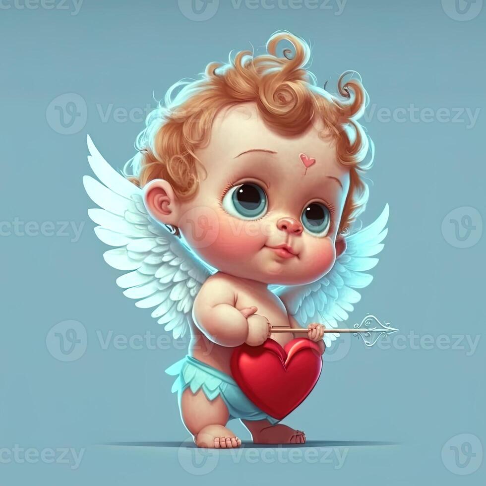 generativo ai adorável bebê cupido lindo retrato, cheio corpo mão segurando uma arco e seta, desenho animado estilo personagem. amor e namorados conceito. foto