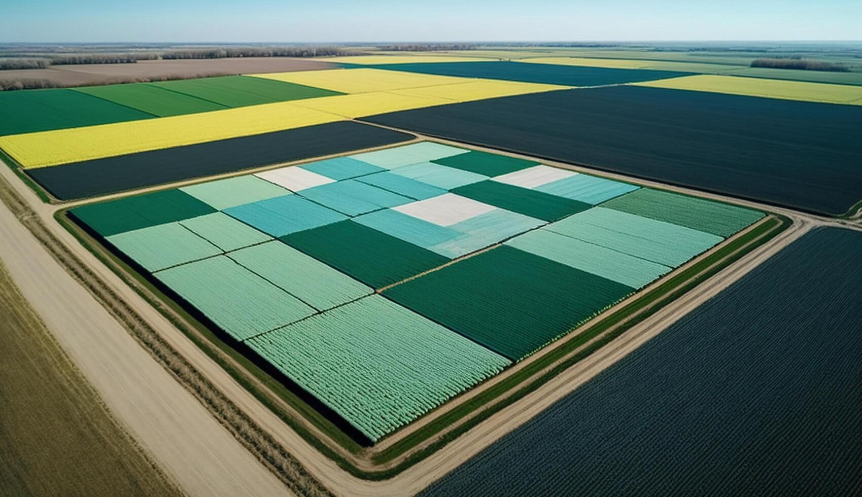 generativo ai, Fazenda paisagem, agrícola trigo Campos, lindo interior, país estrada. natureza ilustração, fotorrealista topo Visão drone, horizontal bandeira. foto